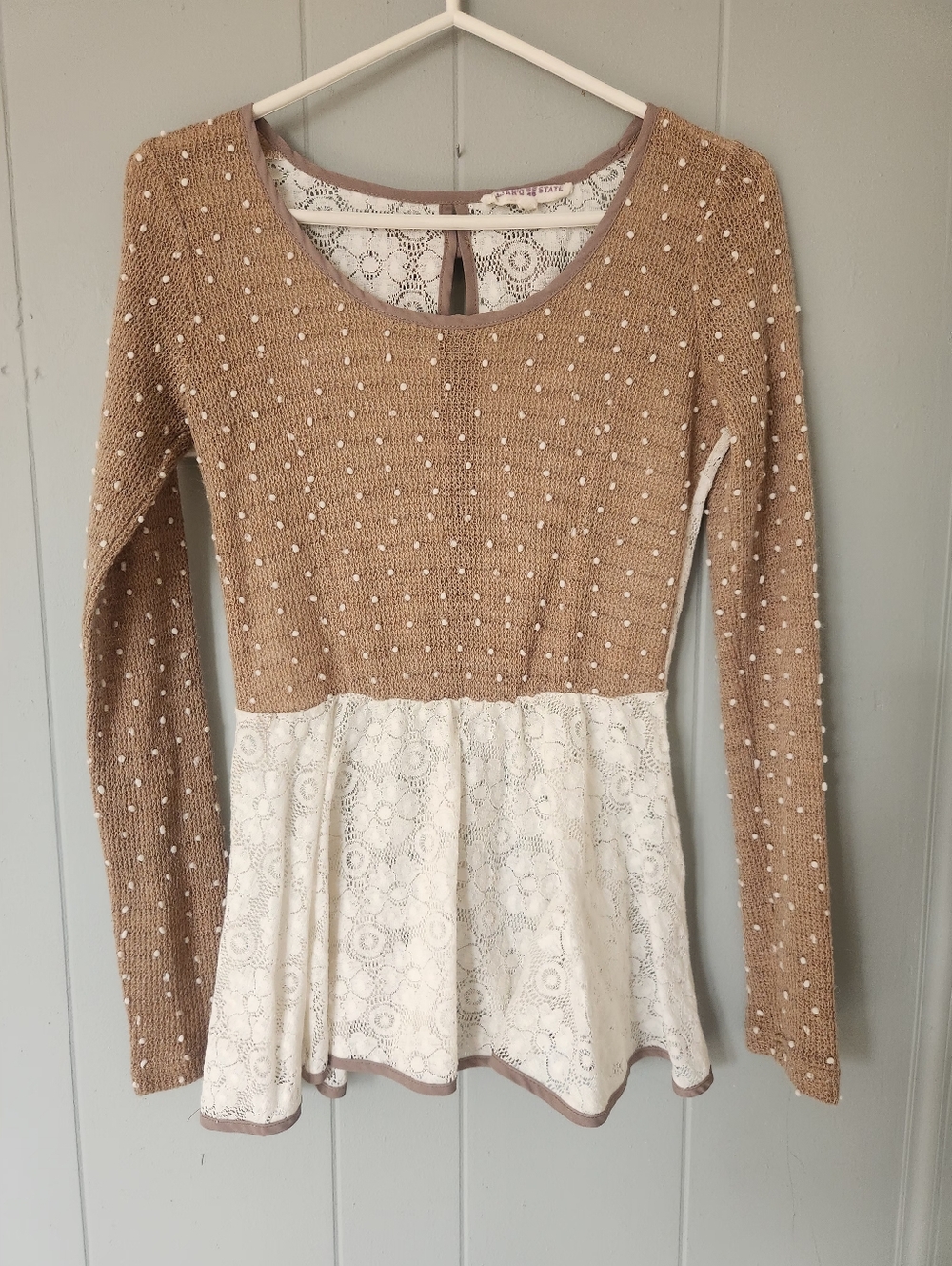 Alter'd State Two-Tone Lace Peplum Sweater Top - Beige and White